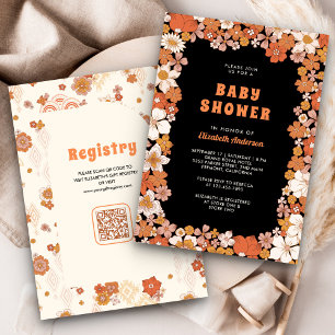 Black Orange Groovy Retro Wildflower Baby Shower Invitation