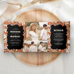 Black Orange Groovy Retro Wildflower Wedding Tri-Fold Invitation