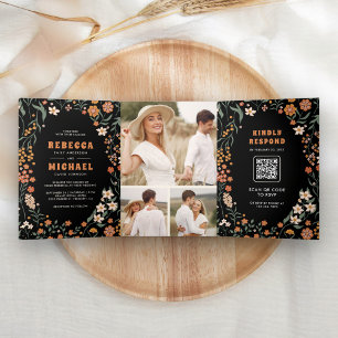 Black Orange Groovy Wildflower All in One Wedding Tri-Fold Invitation