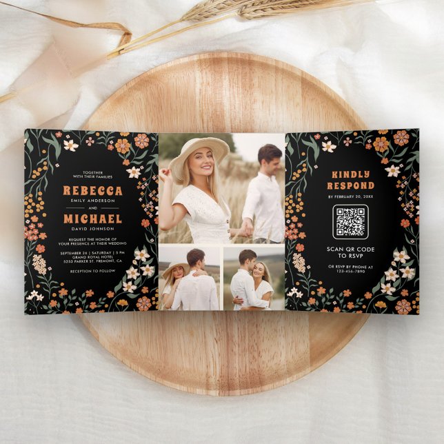 Black Orange Groovy Wildflower All in One Wedding Tri-Fold Invitation (Creator Uploaded)