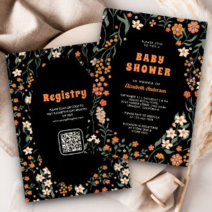 Black Orange Groovy Wildflower Baby Shower Invitation