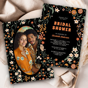 Black Orange Groovy Wildflower Bridal Shower Invitation