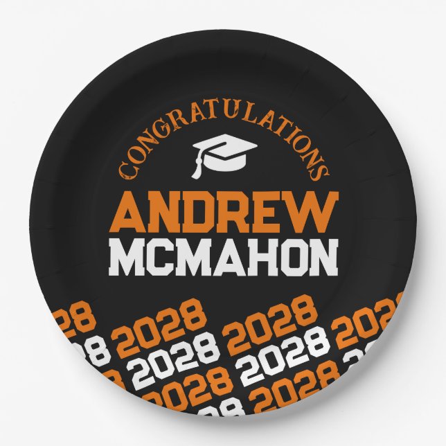 Black & Orange Half Repeat Grad Personalised Paper Plate (Front)