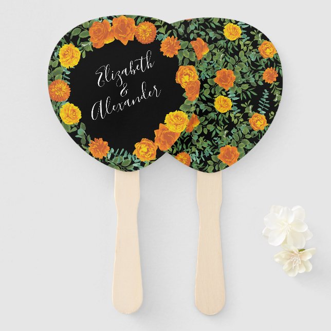 Black & Orange Halloween Gothic Wedding Collection Hand Fan (Front and Back)