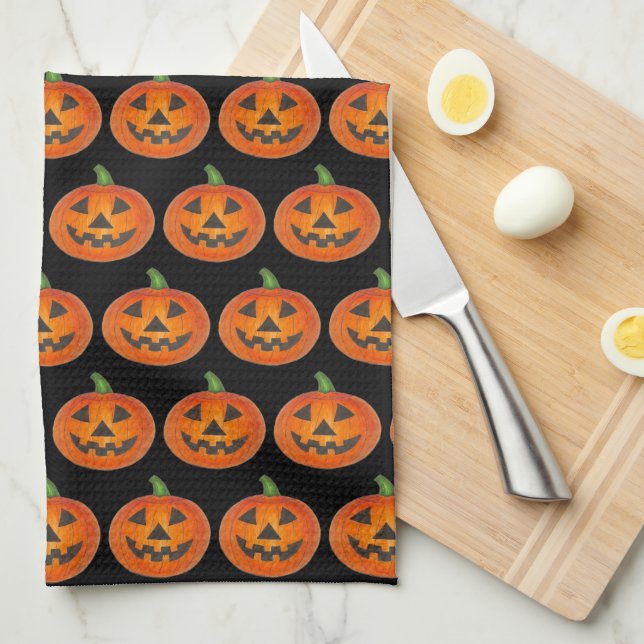 Black Orange Halloween Jack o Lantern Pumpkin Tea Towel (Quarter Fold)