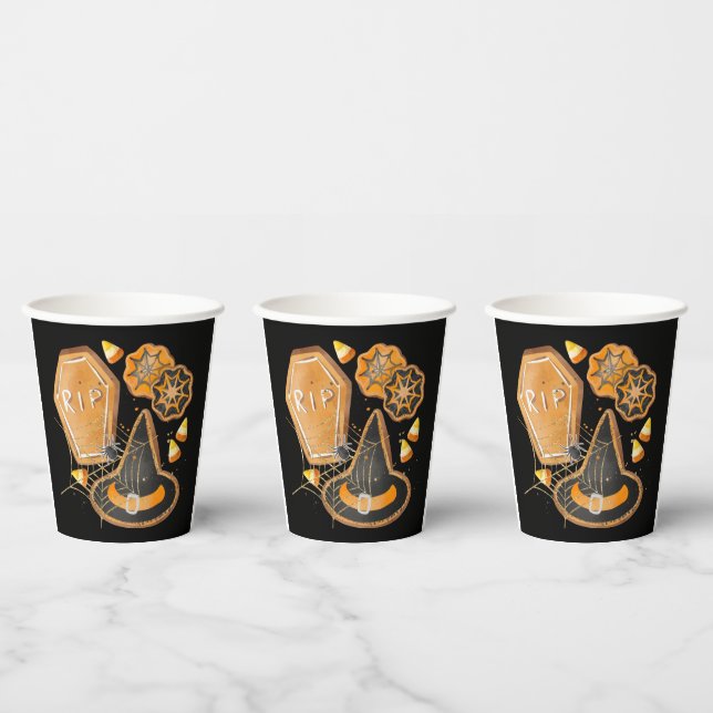 BLACK ORANGE HALLOWEEN PUMPKINS GHOSTS BATS PAPER CUPS (Multi)