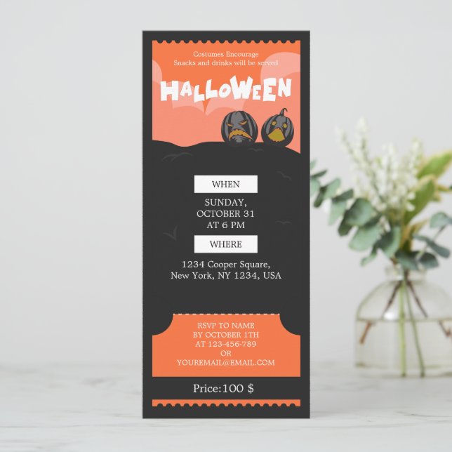 Black & Orange Halloween Spooky Party Ticket Holiday Card (Standing Front)