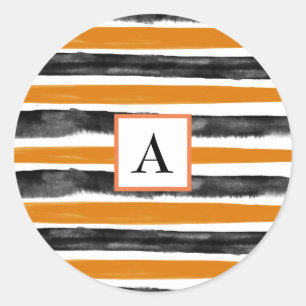 Black & Orange Halloween Watercolor Stripes Classic Round Sticker