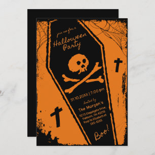 Black & Orange Hand Drawn Coffin Halloween Party Invitation