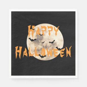 Black Orange Happy Halloween Moon Bats Napkin