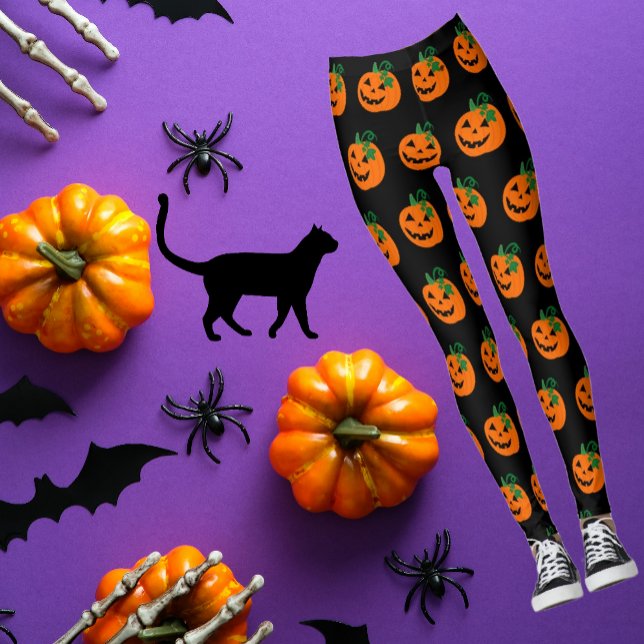 Black Orange Happy Jack O Lantern  Leggings (Super fun Halloween black and orange Jack-o'-lantern tights will complete your wardrobe!)