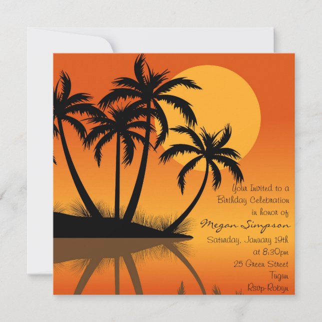 Black & Orange Island Palm Tree Birthday Invite (Front)