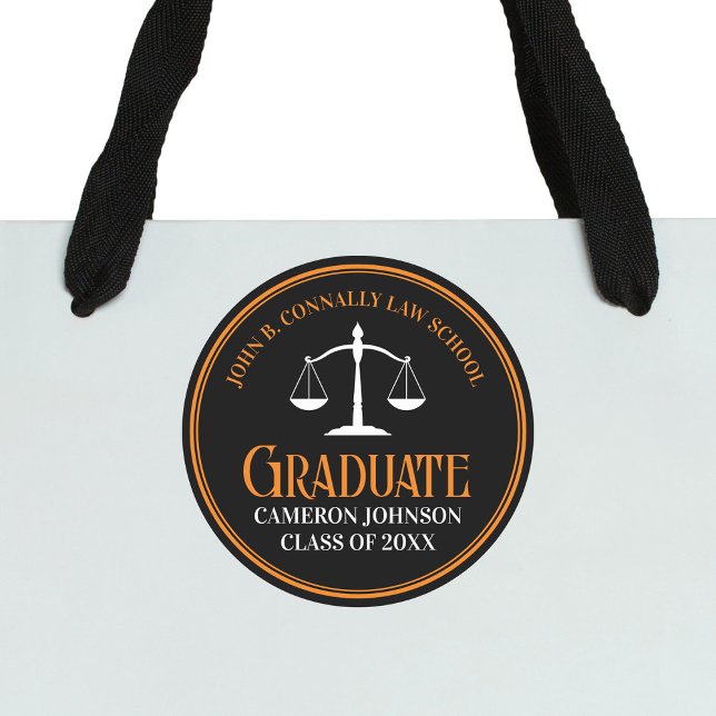 Black Orange Law School Custom Graduation Party Classic Round Sticker (Creator Uploaded)