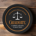 Black Orange Law School Custom Graduation Party Paper Plate<br><div class="desc">This modern black and orange custom law school graduation party paper plate features classy typography for a class of 2025 graduate. Customise with your graduating year under the white scales of justice for this great personalised lawyer or attorney gift of congratulations.</div>