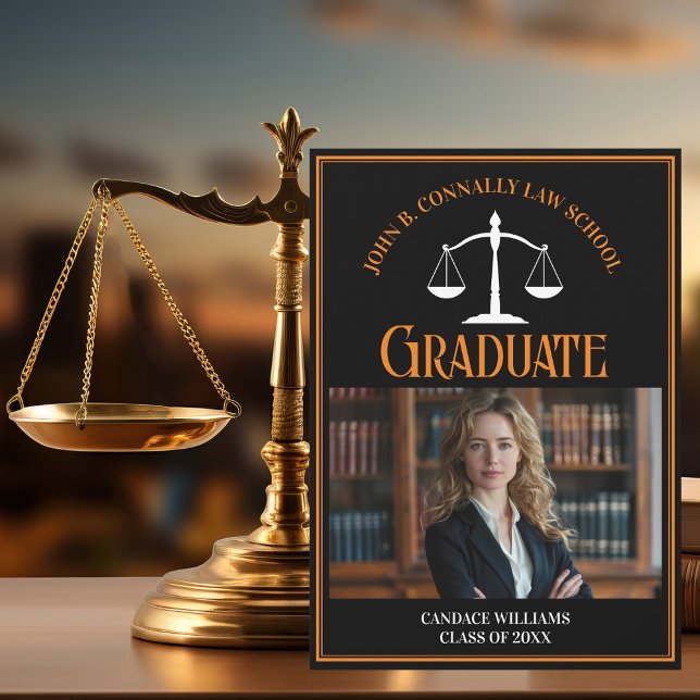 Black Orange Law School Graduation Photo Announcement (Creator Uploaded)