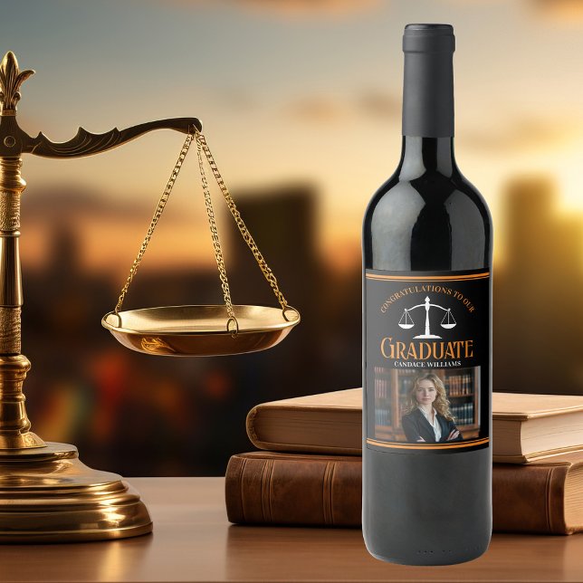 Black Orange Law School Photo Graduation Party Wine Label (Creator Uploaded)