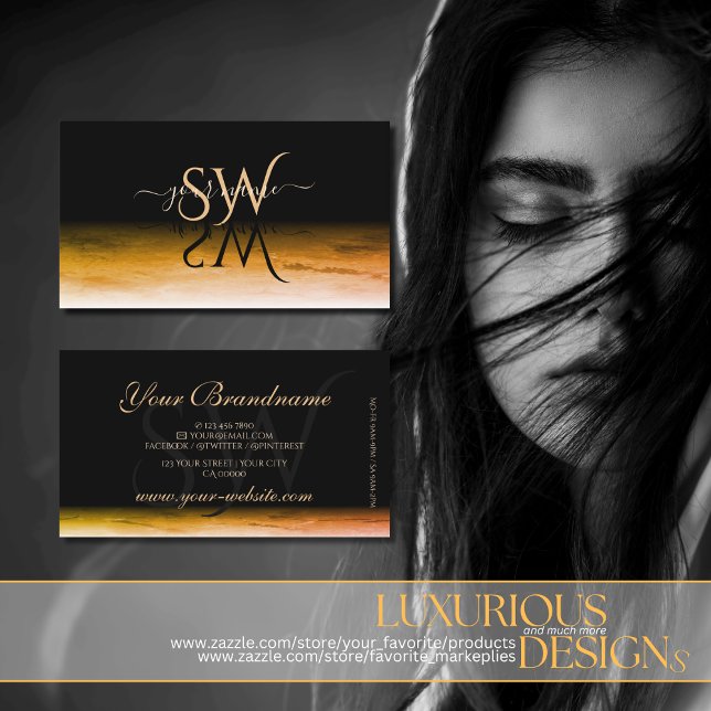 Black Orange Marble Pattern Shadow Font Initials Business Card (Creator Uploaded)