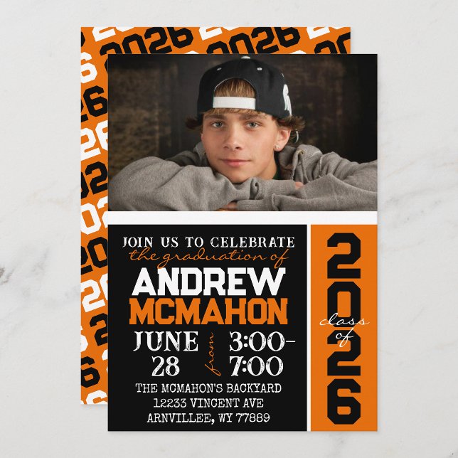 Black & Orange Modern Graduation Photo Invitation (Trendy Black and Orange 1 Photo Graduation Invitation. Printed + Envelopes or Digital Download)