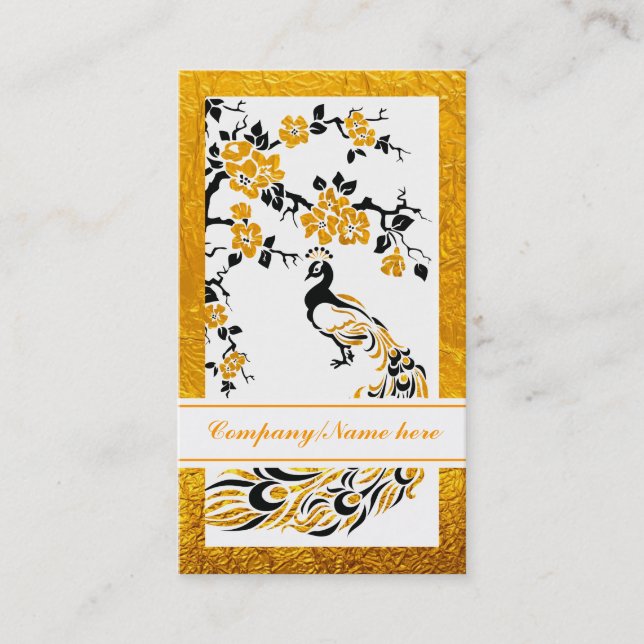 Black, orange peacock and cherry blossoms business card (Front)