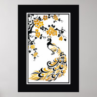 Black, orange peacock and cherry blossoms