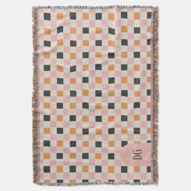 Black, Orange & Pink Checkers – Monogram Throw Blanket (Front Vertical)