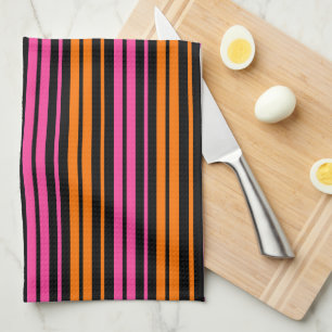 Black Orange Pink Vertical Stripes Design Tea Towel