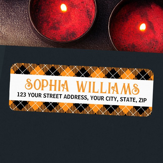 Black orange plaid Halloween return address Label (Black orange plaid Halloween return address Label)