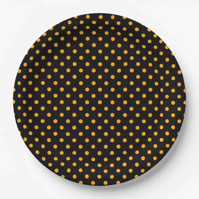 Black Orange Polka Dot Pattern Halloween Party Paper Plate (Front)