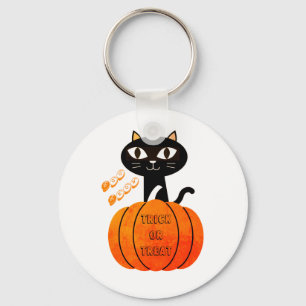 Black Orange Pumpkin Cat Cute Spooky Halloween Key Ring