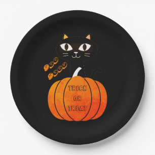 Black Orange Pumpkin Cat Spooky Cute Boo Halloween Paper Plate