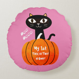 Black Orange Pumpkin Cat Spooky Cute Halloween Round Cushion