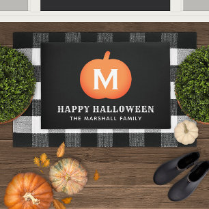 Black Orange Pumpkin Monogram Happy Halloween Doormat