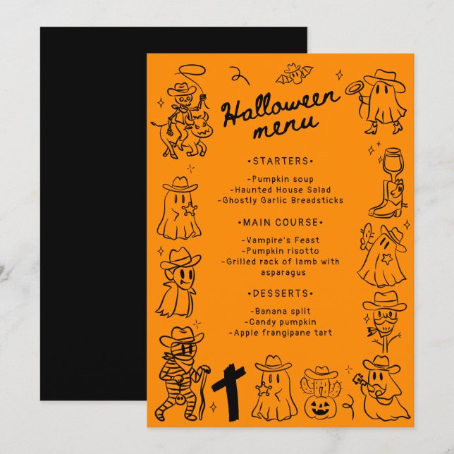 Black & Orange Quirky Hand Drawn Halloween  Menu (Front/Back)