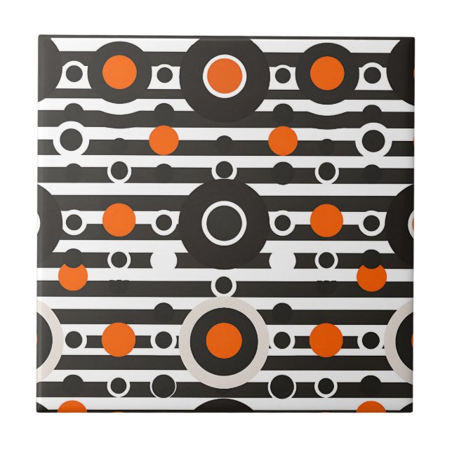 Black Orange Retro Circle Stripe Ceramic Tile (Front)