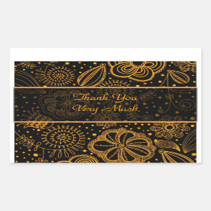 Black & Orange Retro Floral Pattern-Custom Text Rectangular Sticker