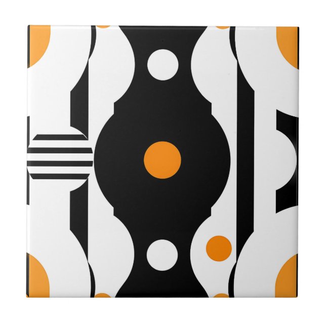 Black Orange Retro Mod Geometric Ceramic Tile (Front)