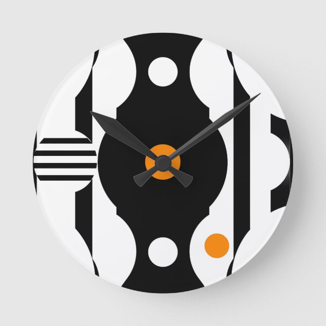 Black Orange Retro Mod Geometric Round Clock (Front)