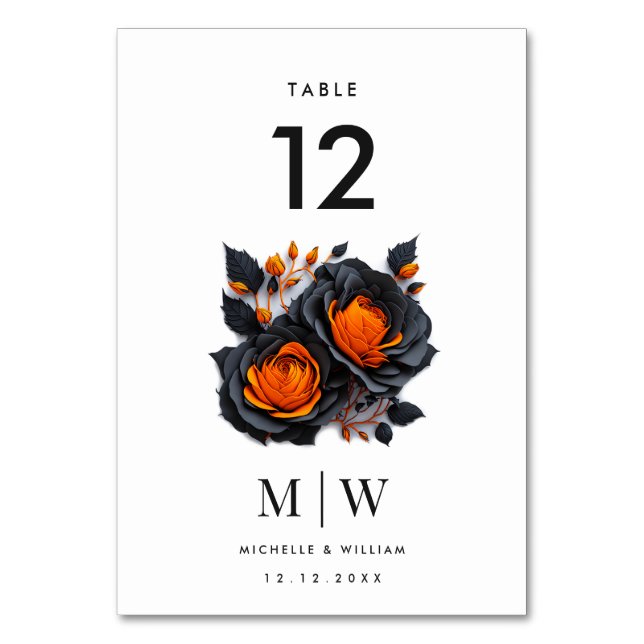 Black Orange Roses Gothic Wedding Party Table Number (Front)
