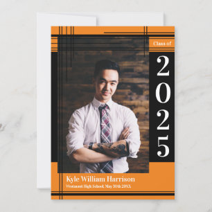 Black Orange School Colour Graduation Photo Plaid Invitation