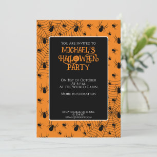 Black orange spiders Halloween party Custom Invitation