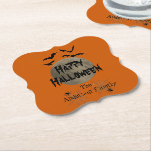 Black Orange Spooky Typography Happy Halloween Paper Coaster
