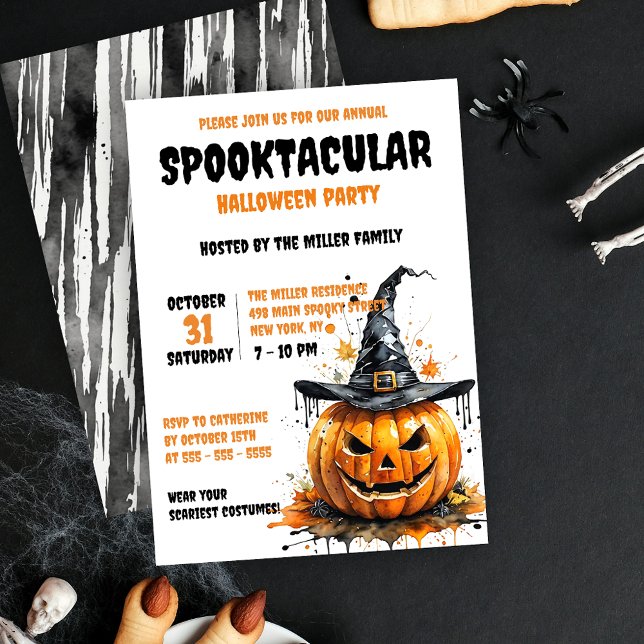  Black Orange Spooky Witch Hat Pumpkin Halloween Invitation (Creator Uploaded)