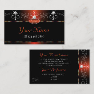 Black Orange Squiggles Sparkle Diamonds Initials Business Card