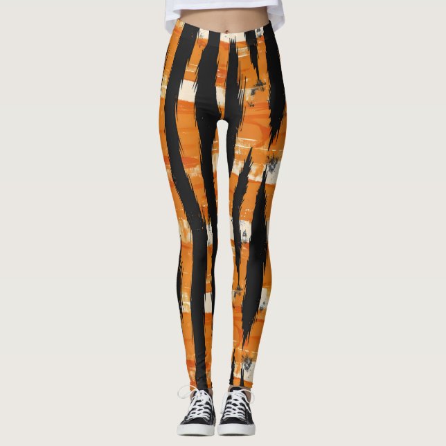 Black Orange Stripe Pattern Leggings (Front)