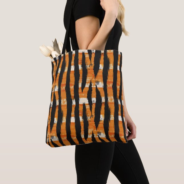 Black Orange Stripe Pattern Tote Bag (Close Up)