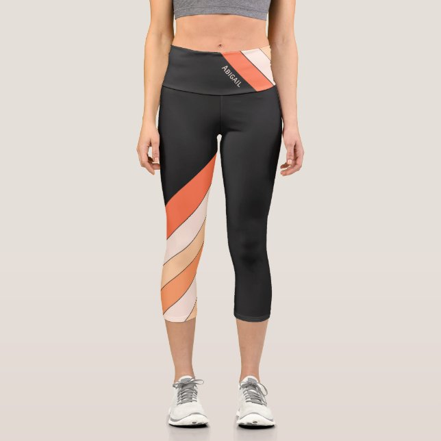 Black, Orange Stripes on one leg Capri Leggings (Front)