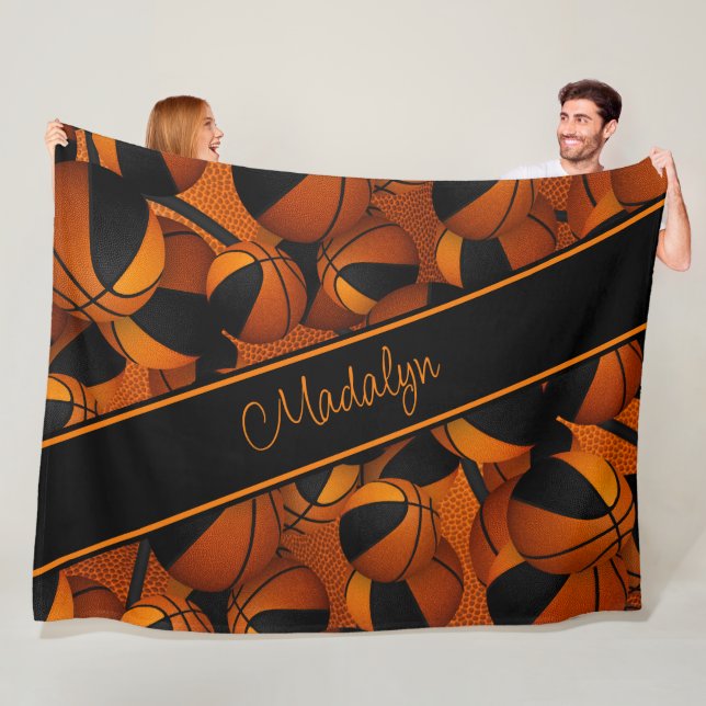 black orange team colours girls basketball fleece blanket (In Situ)