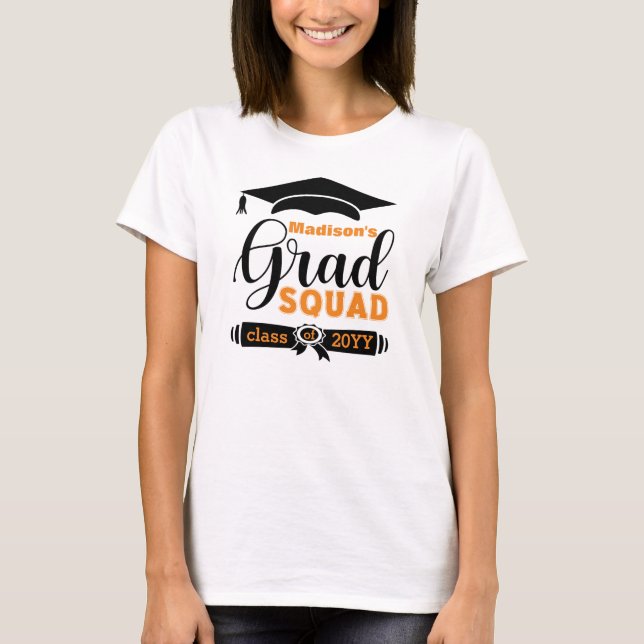Black & Orange Text Custom Women White Grad Squad T-Shirt (Front)