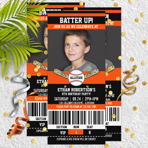 Black Orange Ticket Style Baseball Birthday Party Invitation