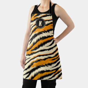 Black Orange Tiger Stripes Pattern Monogram Apron
